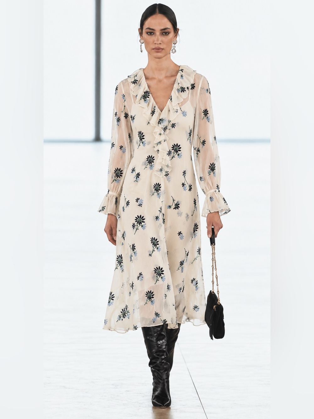 NEW Tory Burch Runway Floral Chiffon Embroidered Dress Long Sleeve Size 2  *1187